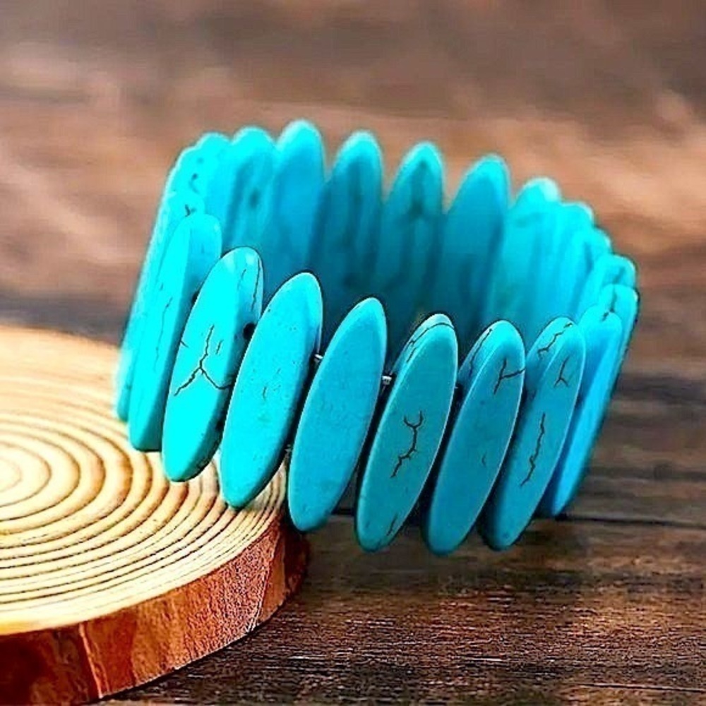 🌟Bohemian Teal Stretch Bracelet Statement Stone Look Cuff Earthy Western Style